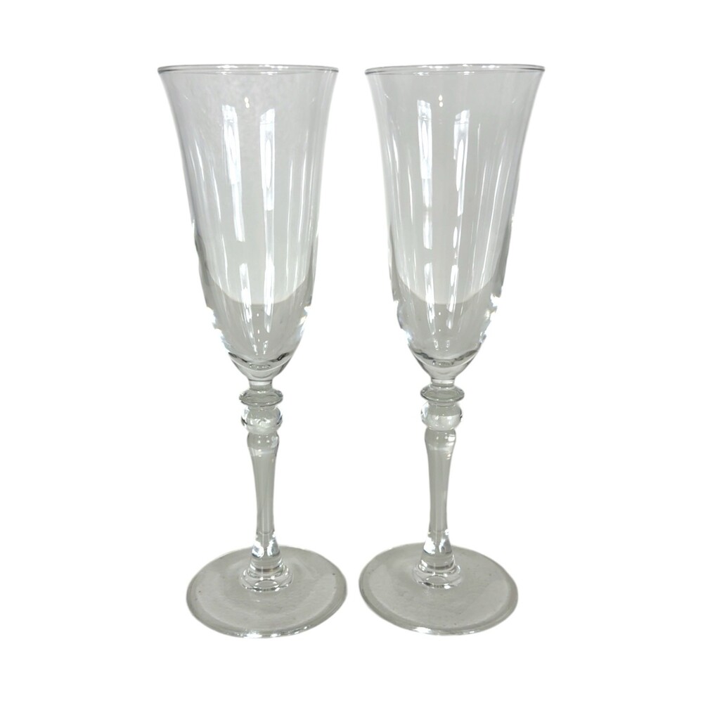 Vintage Clear Crystal Champagne Flutes Pair Trumpet Bowl Baluster Stem Glasses 2
